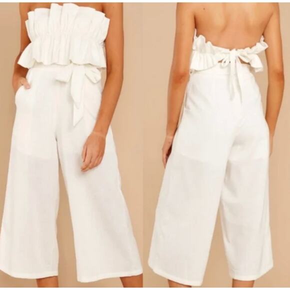 Saints + Secrets Jumpsuit Womens Small White Ruffle Strapless Wide Leg Cropped - Picture 1 of 7